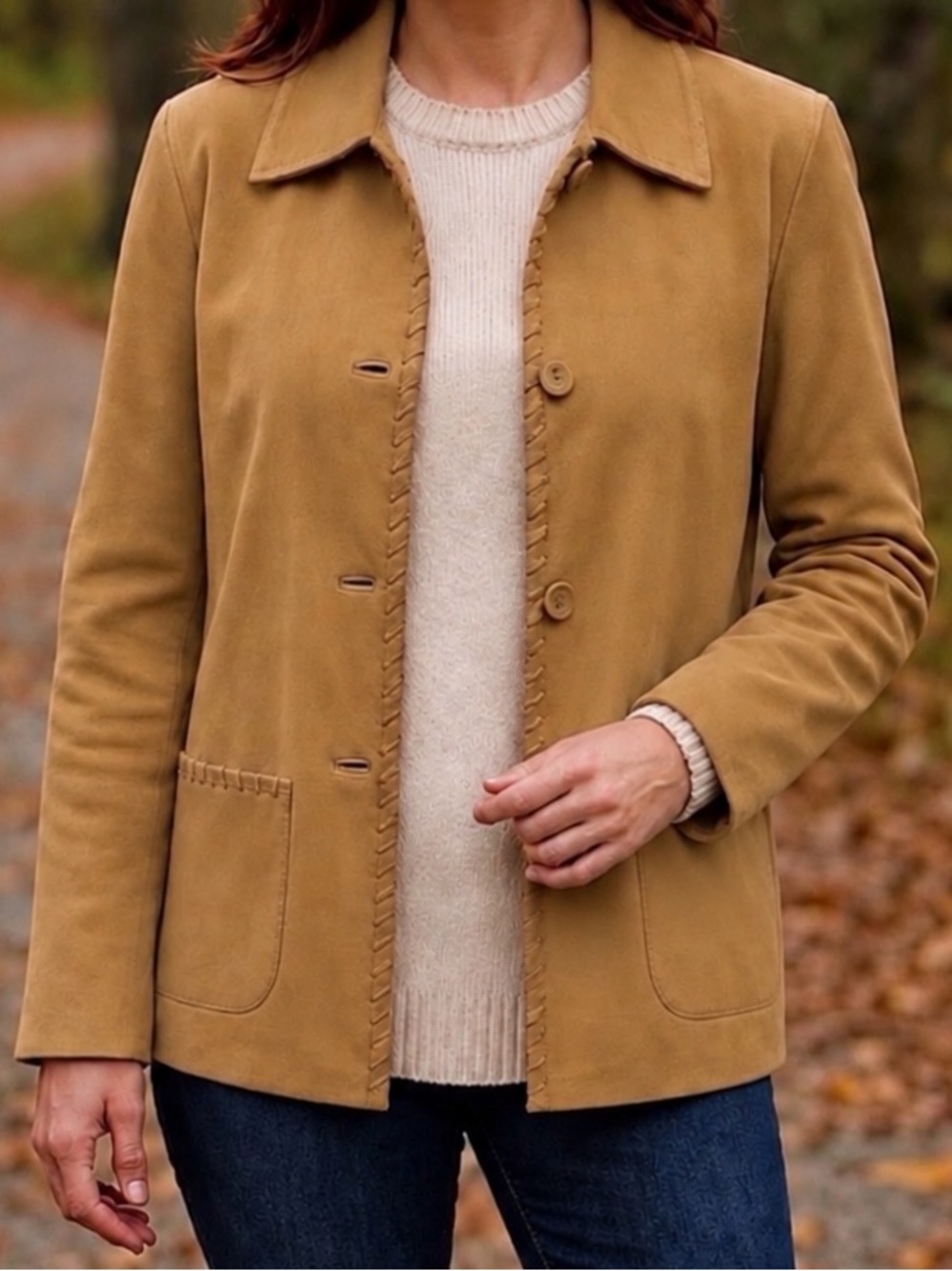 Pacific Trail Women Tan Suede Button Up Front Pocket Western Cowgirl Coat Jacket